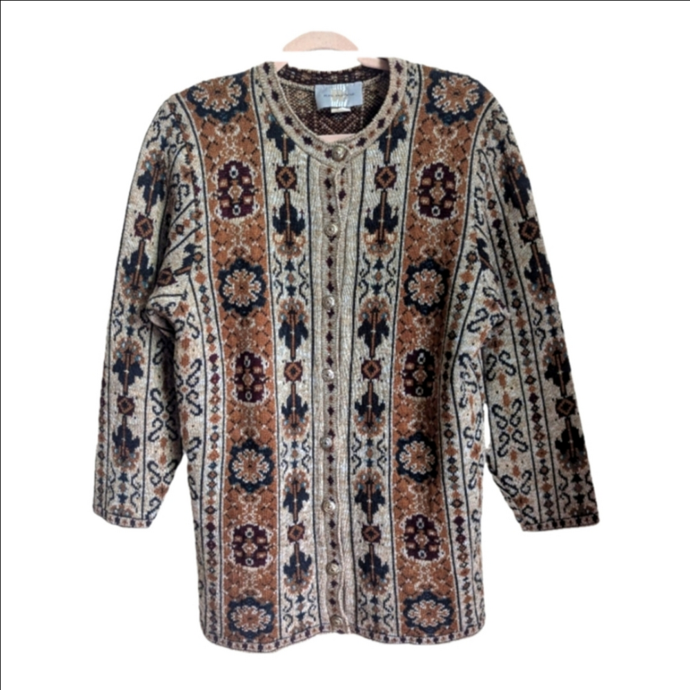VINTAGE Dark Academia Folk Neutrals Fair Isles Knit Ling Cardigan Size 4